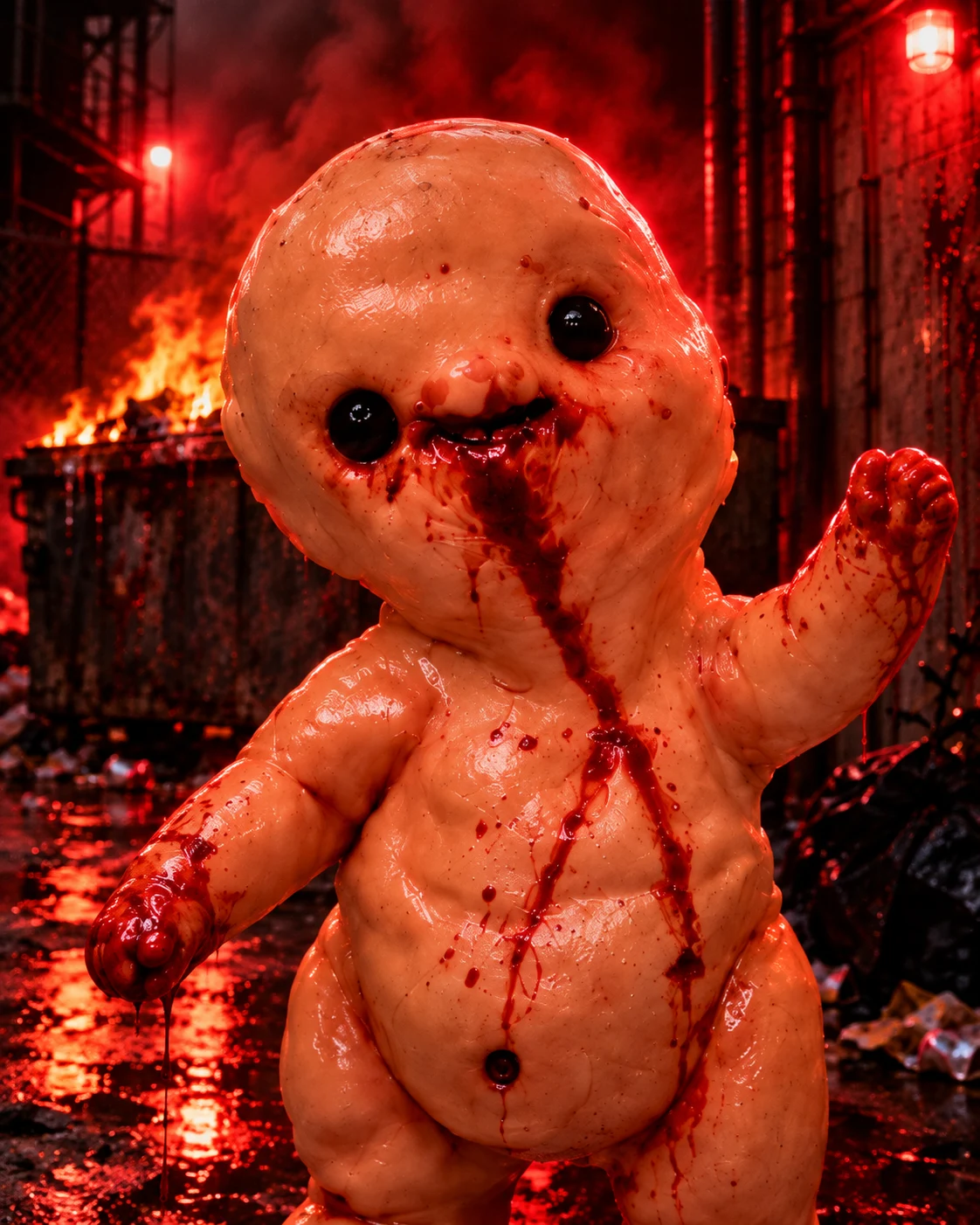 The original Abortmas plastic baby-doll mascot, with black button eyes, a red-painted grin, and crimson firelight.